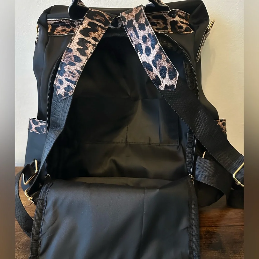 Black and Leopard Print Nylon Backpack Back Entrance with Shoulder Strap NWT